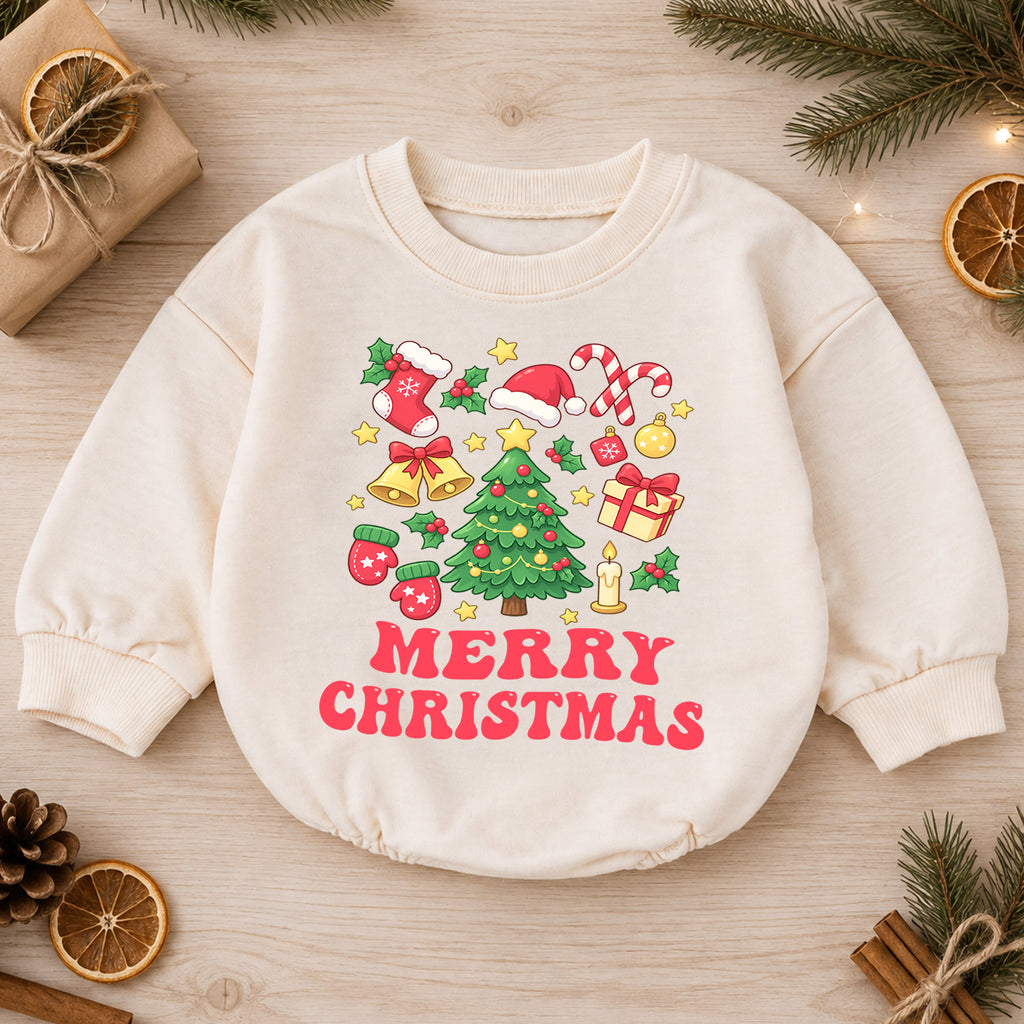 Merry Christmas Baby Romper, Festive Tree Candy Cane Holiday Outfit, Baby 1st Christmas Keepsake, 1st Birthday Xmas Gift — product view 1