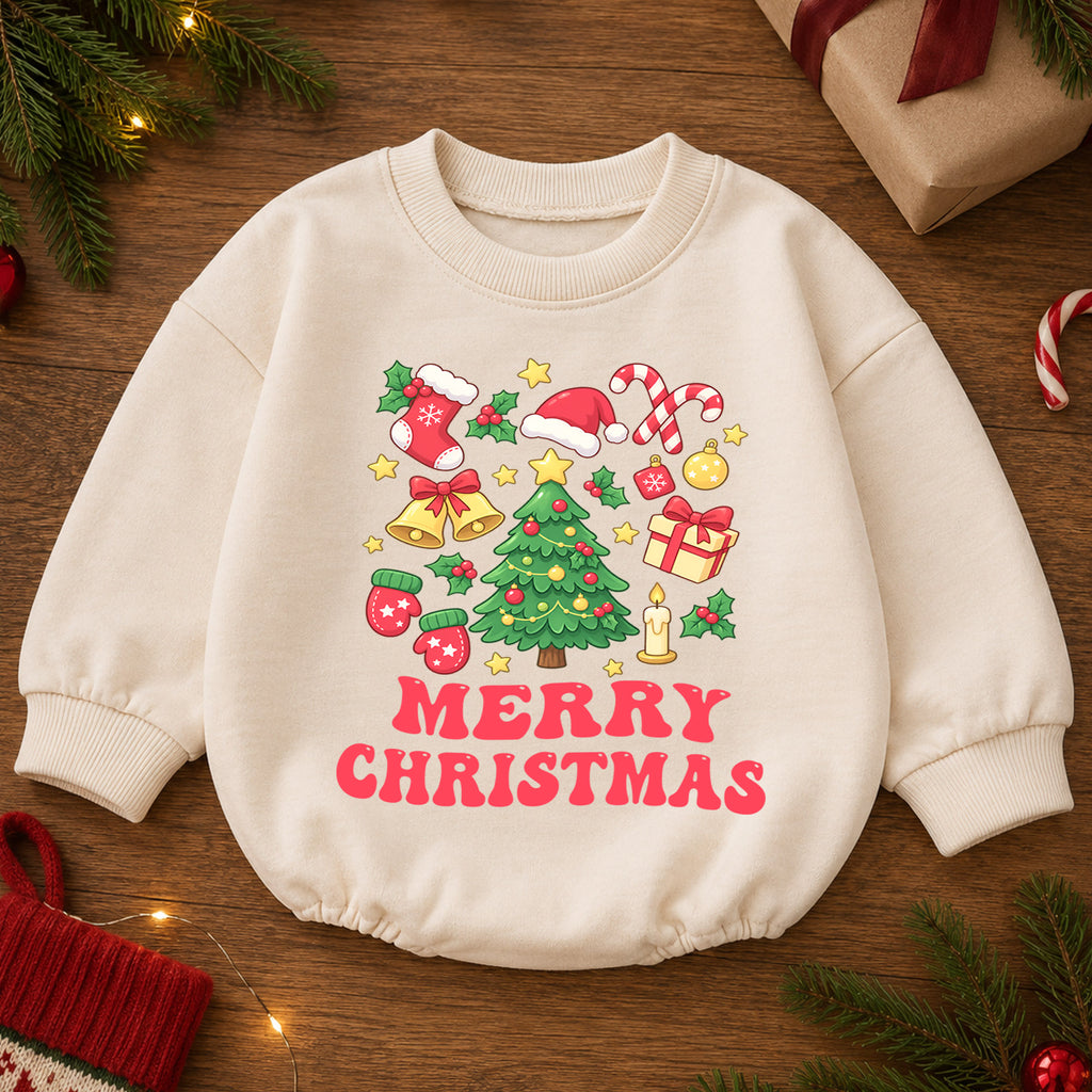 Merry Christmas Baby Romper, Festive Tree Candy Cane Holiday Outfit, Baby 1st Christmas Keepsake, 1st Birthday Xmas Gift — product view 2