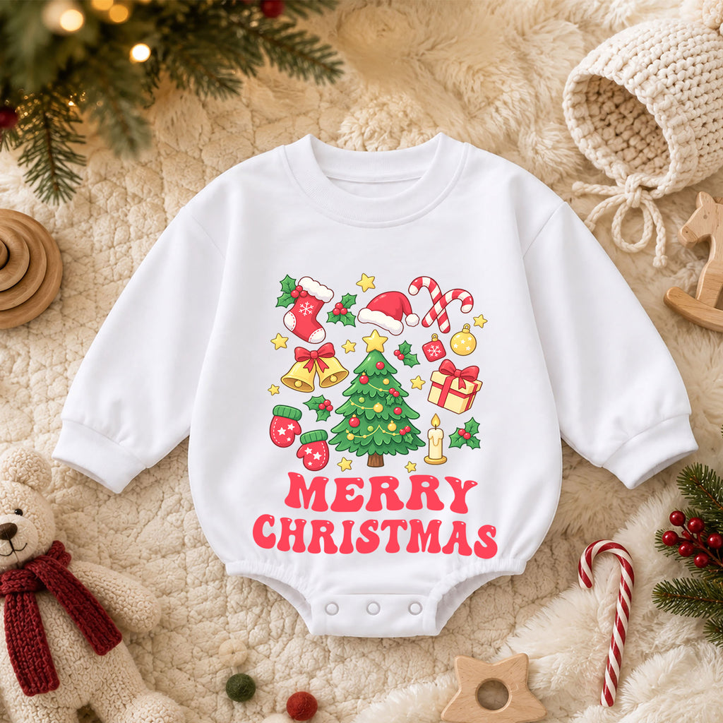 Merry Christmas Baby Romper, Festive Tree Candy Cane Holiday Outfit, Baby 1st Christmas Keepsake, 1st Birthday Xmas Gift — product view 3