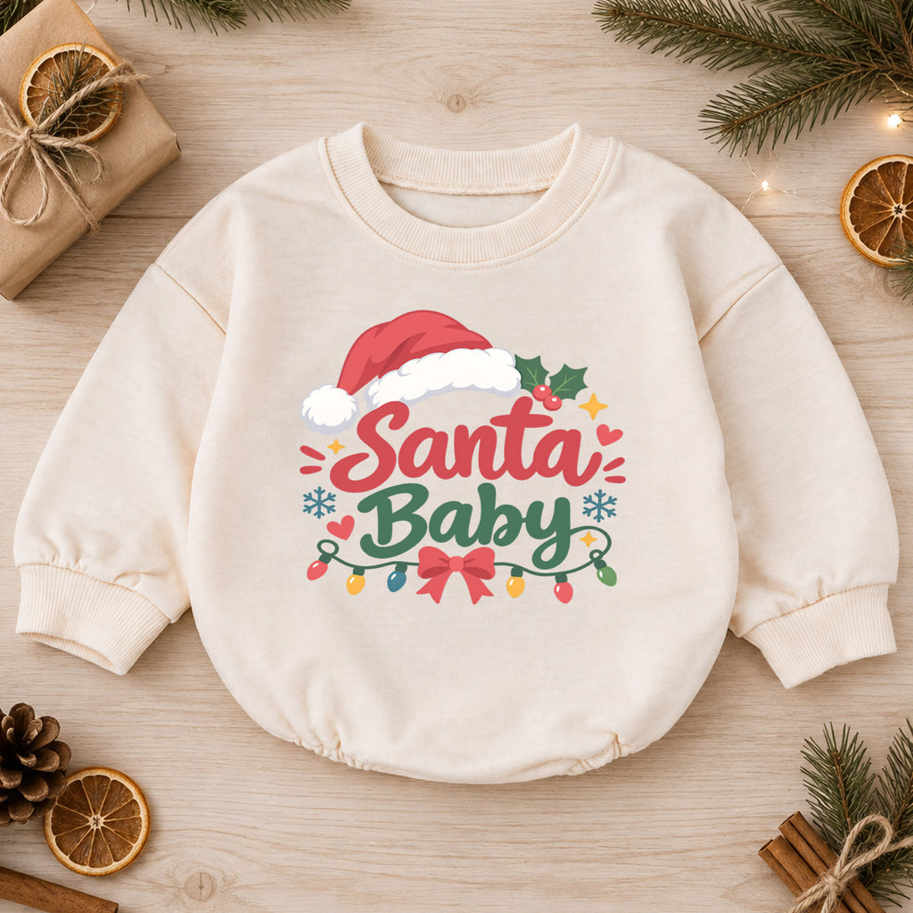 Santa Baby Christmas Romper, Cute Santa Hat Holiday Outfit, Baby 1st Christmas Keepsake, Winter 1st Birthday Gift for Little Baby — product view 1