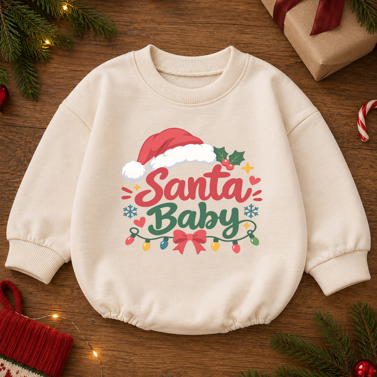 Santa Baby Christmas Romper, Cute Santa Hat Holiday Outfit, Baby 1st Christmas Keepsake, Winter 1st Birthday Gift for Little Baby — product view 2