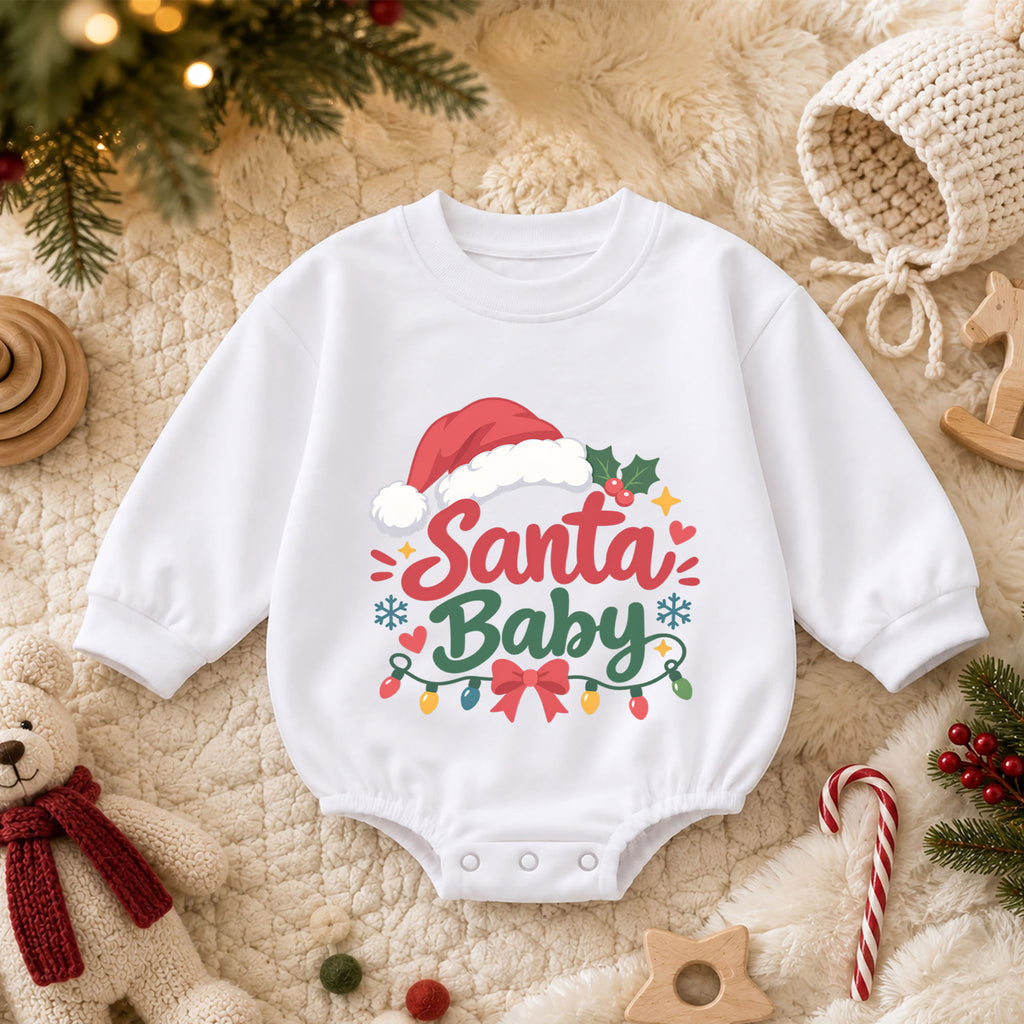 Santa Baby Christmas Romper, Cute Santa Hat Holiday Outfit, Baby 1st Christmas Keepsake, Winter 1st Birthday Gift for Little Baby — product view 3