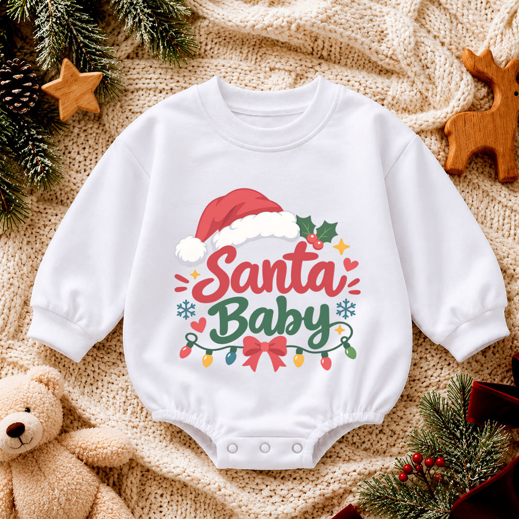 Santa Baby Christmas Romper, Cute Santa Hat Holiday Outfit, Baby 1st Christmas Keepsake, Winter 1st Birthday Gift for Little Baby — product view 4