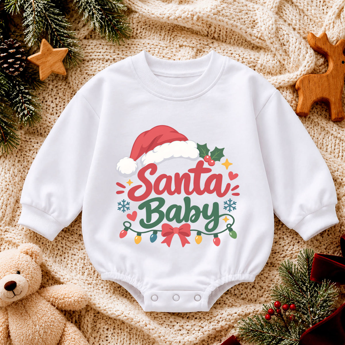 Santa Baby Christmas Romper, Cute Santa Hat Holiday Outfit, Baby 1st Christmas Keepsake, Winter 1st Birthday Gift for Little Baby — product view 4