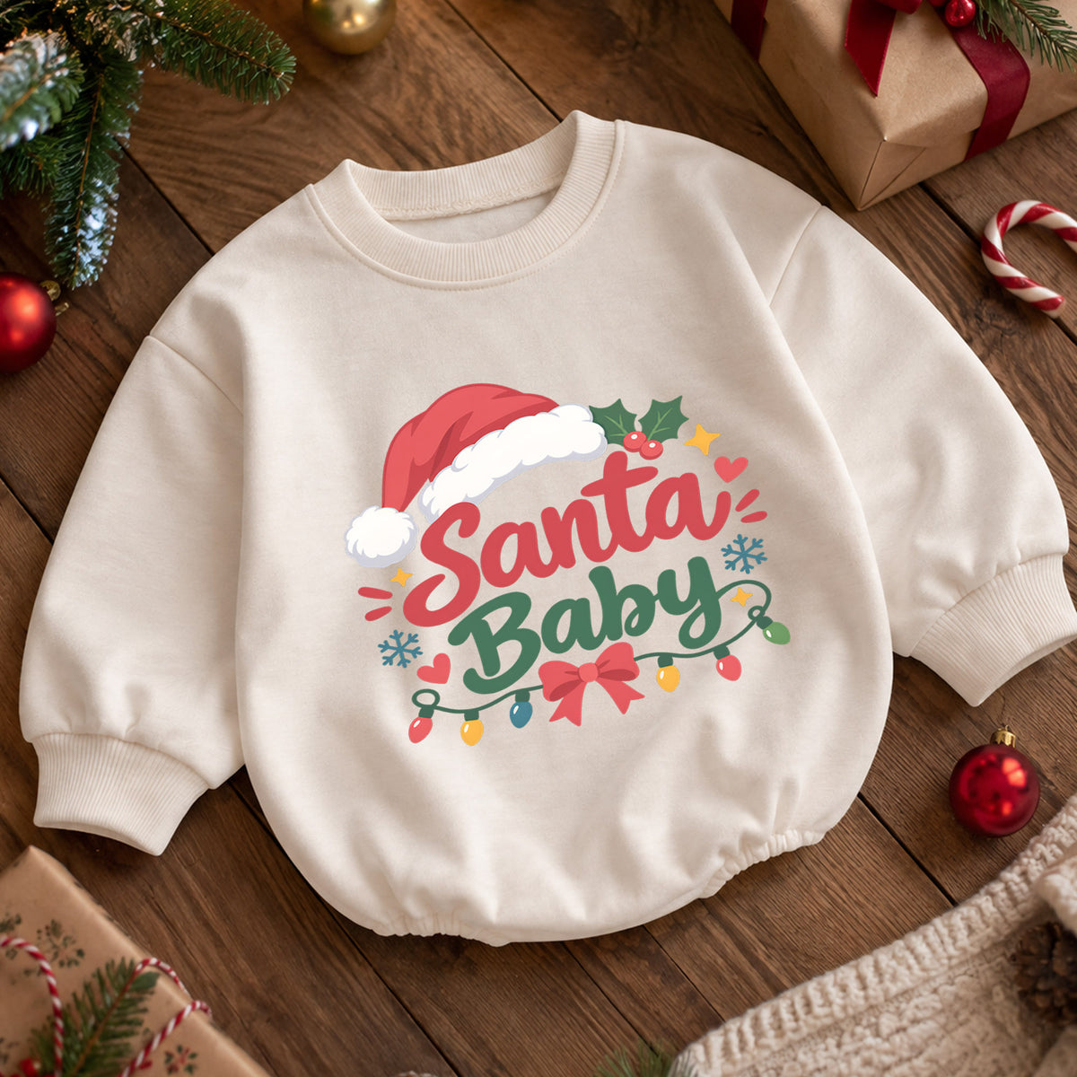 Santa Baby Christmas Romper, Cute Santa Hat Holiday Outfit, Baby 1st Christmas Keepsake, Winter 1st Birthday Gift for Little Baby — product view 5