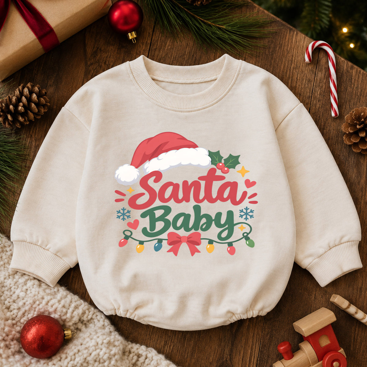 Santa Baby Christmas Romper, Cute Santa Hat Holiday Outfit, Baby 1st Christmas Keepsake, Winter 1st Birthday Gift for Little Baby — product view 6