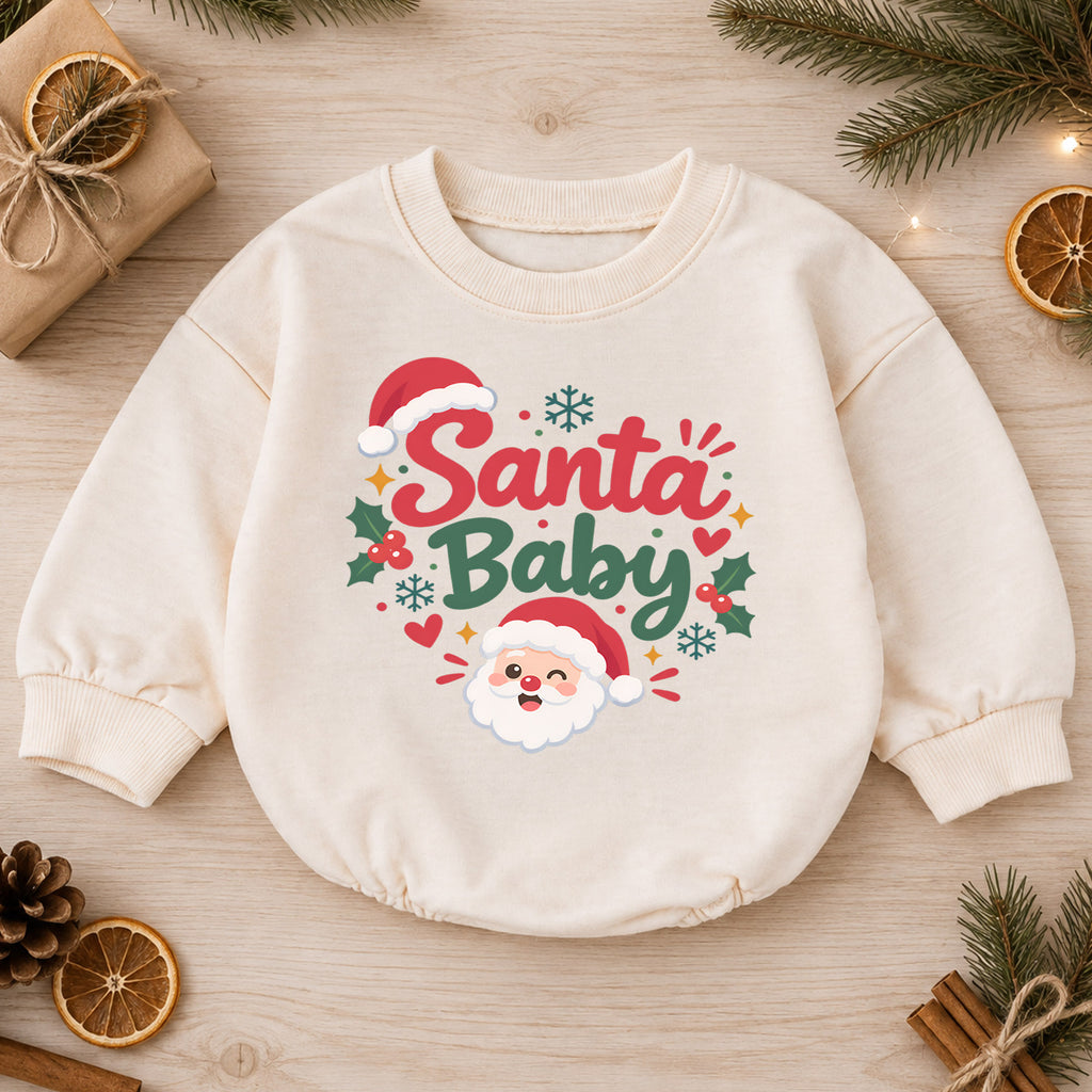 Santa Baby Romper, Cute Santa Face 1st Christmas Outfit, Baby Holiday Romper for 1st Birthday, Christmas Photo Keepsake Gift — product view 1