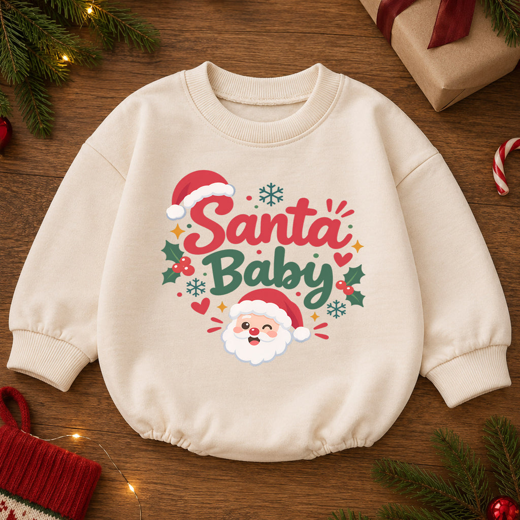 Santa Baby Romper, Cute Santa Face 1st Christmas Outfit, Baby Holiday Romper for 1st Birthday, Christmas Photo Keepsake Gift — product view 2