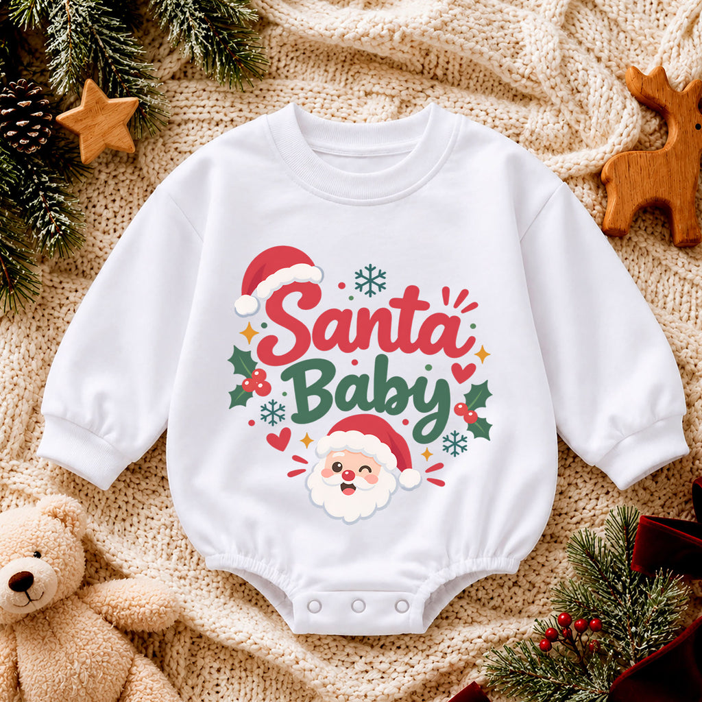 Santa Baby Romper, Cute Santa Face 1st Christmas Outfit, Baby Holiday Romper for 1st Birthday, Christmas Photo Keepsake Gift — product view 4
