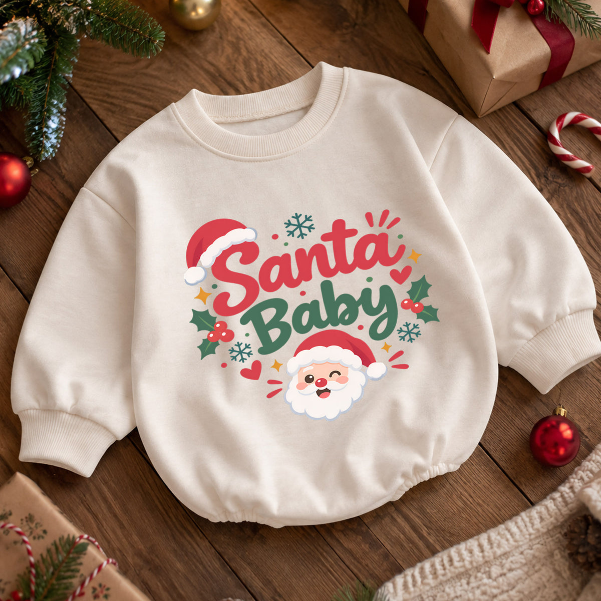 Santa Baby Romper, Cute Santa Face 1st Christmas Outfit, Baby Holiday Romper for 1st Birthday, Christmas Photo Keepsake Gift — product view 5
