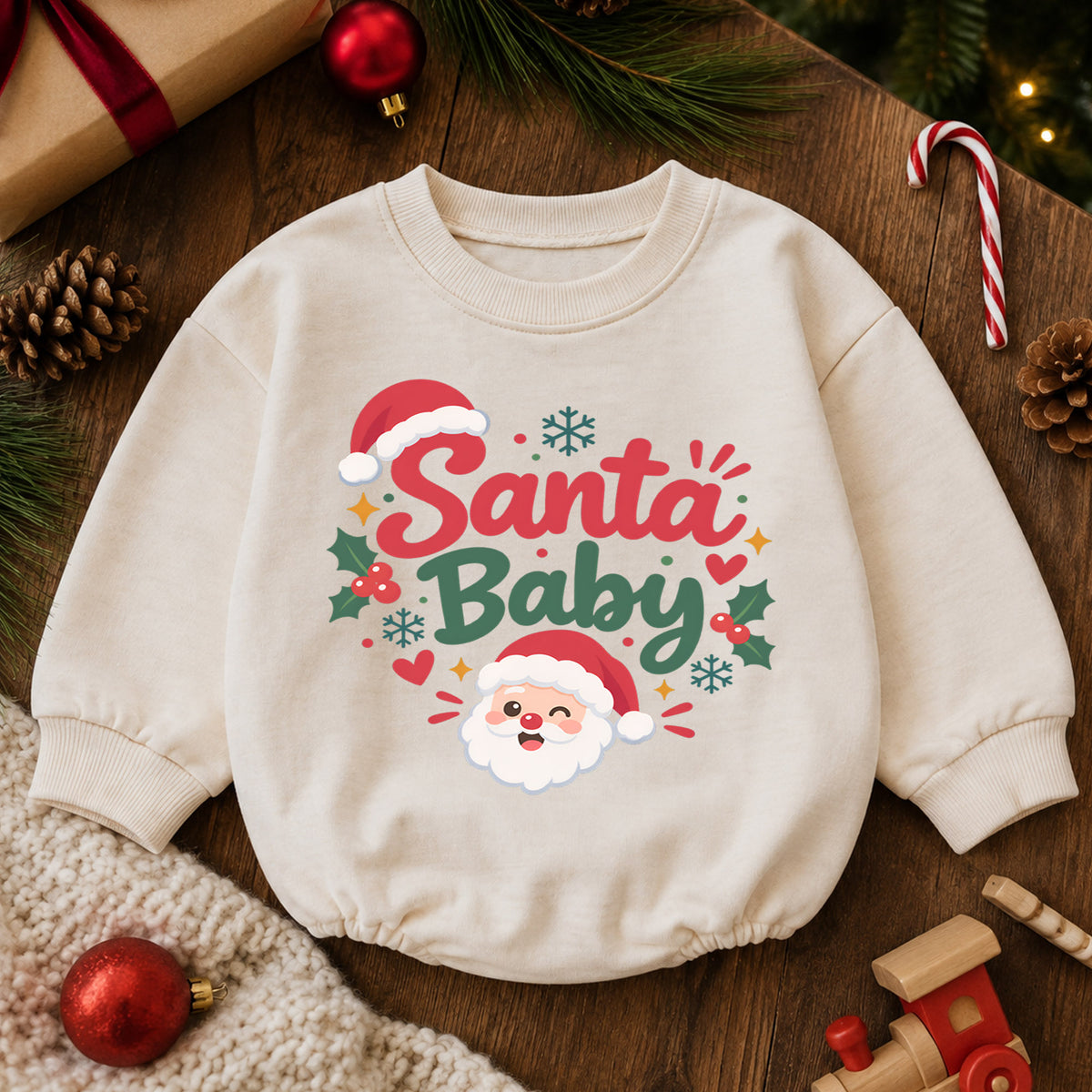 Santa Baby Romper, Cute Santa Face 1st Christmas Outfit, Baby Holiday Romper for 1st Birthday, Christmas Photo Keepsake Gift — product view 6