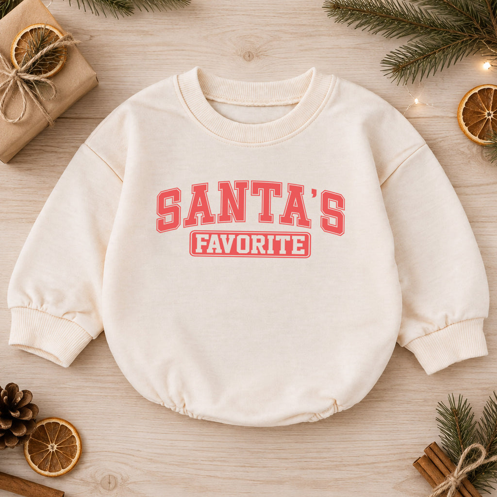Santa's Favorite Baby Romper, Retro Varsity Christmas Outfit, Baby 1st Christmas Keepsake, 1st Birthday Holiday Gift — product view 1