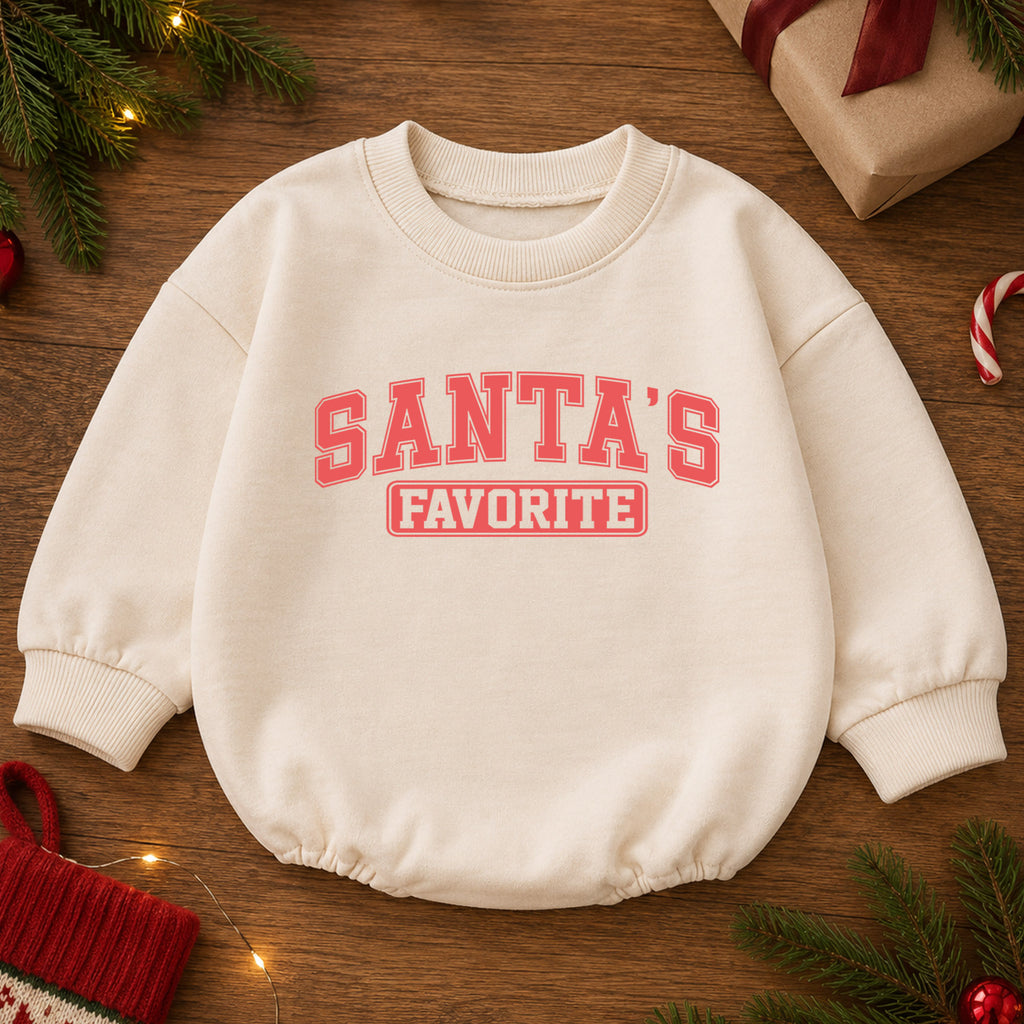 Santa's Favorite Baby Romper, Retro Varsity Christmas Outfit, Baby 1st Christmas Keepsake, 1st Birthday Holiday Gift — product view 2