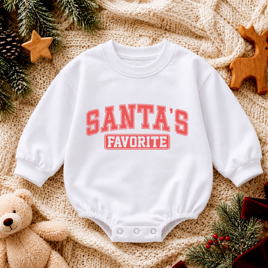 Santa's Favorite Baby Romper, Retro Varsity Christmas Outfit, Baby 1st Christmas Keepsake, 1st Birthday Holiday Gift — product view 4