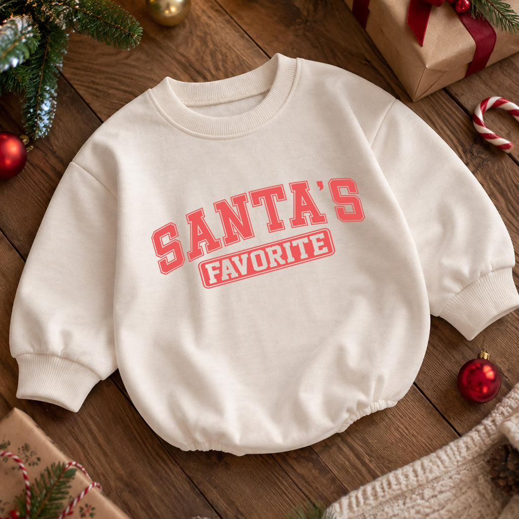 Santa's Favorite Baby Romper, Retro Varsity Christmas Outfit, Baby 1st Christmas Keepsake, 1st Birthday Holiday Gift — product view 5