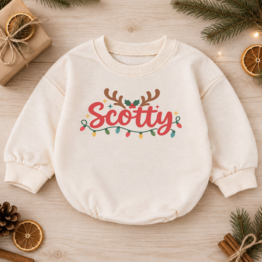 Personalized Name Christmas Romper, Reindeer Antler Holiday Outfit, Custom 1st Christmas Keepsake, My First Birthday Baby Gift — product view 1