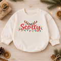 Personalized Name Christmas Romper, Reindeer Antler Holiday Outfit, Custom 1st Christmas Keepsake, My First Birthday Baby Gift — product view 1