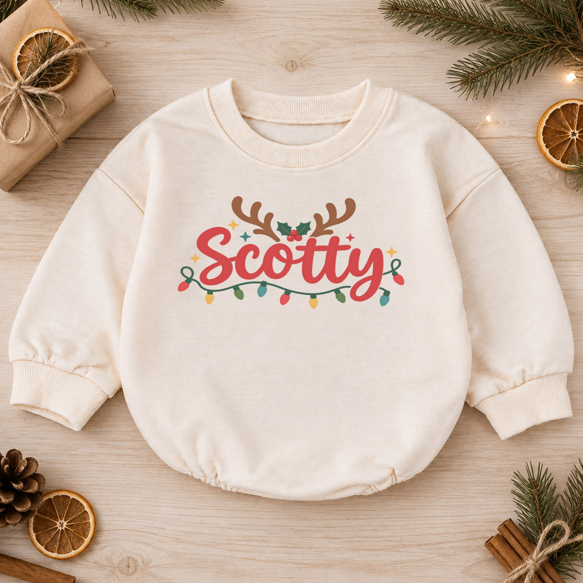 Personalized Name Christmas Romper, Reindeer Antler Holiday Outfit, Custom 1st Christmas Keepsake, My First Birthday Baby Gift — product view 1