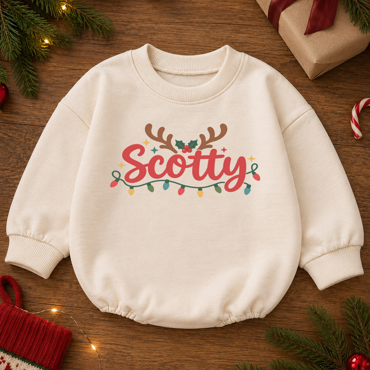 Personalized Name Christmas Romper, Reindeer Antler Holiday Outfit, Custom 1st Christmas Keepsake, My First Birthday Baby Gift — product view 2