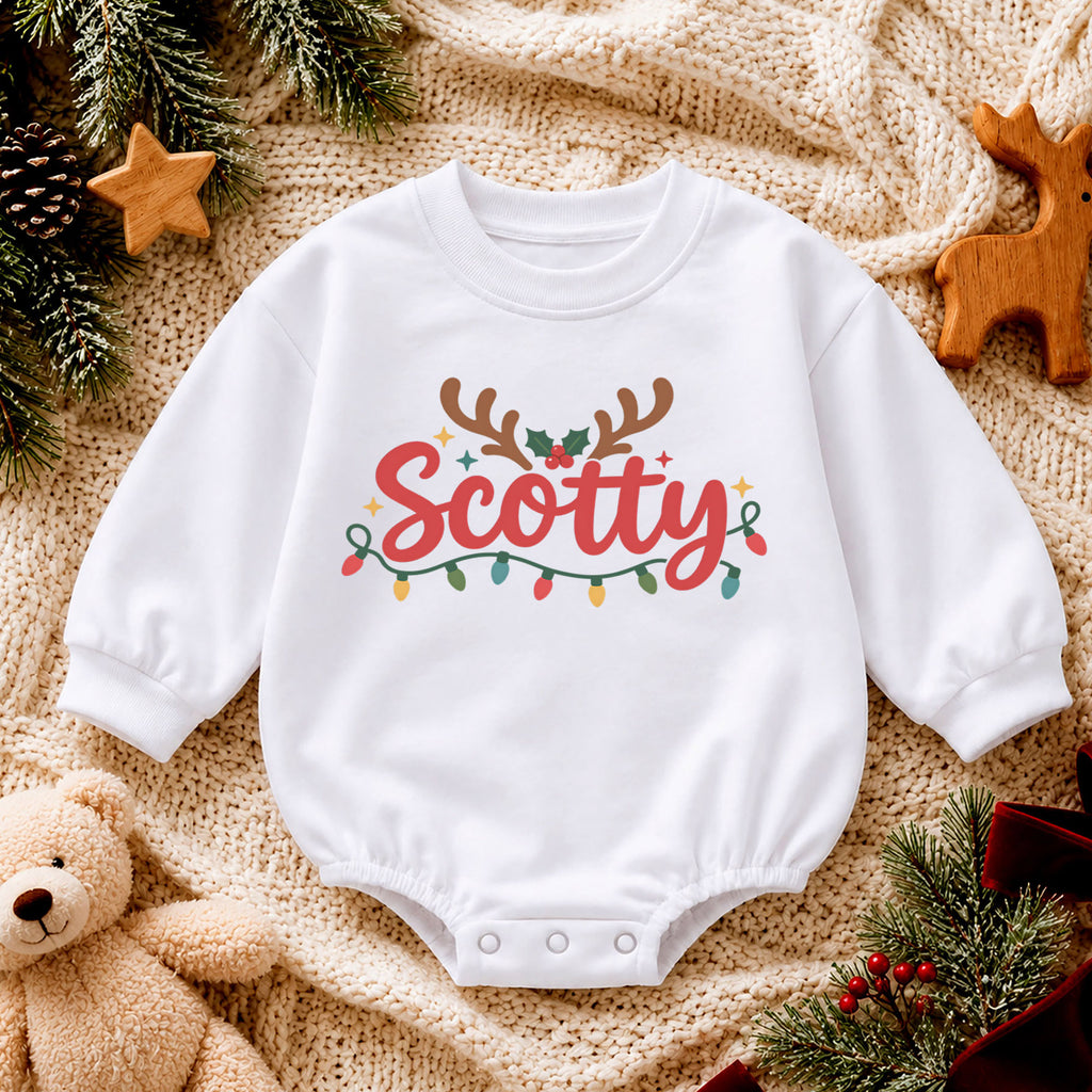 Personalized Name Christmas Romper, Reindeer Antler Holiday Outfit, Custom 1st Christmas Keepsake, My First Birthday Baby Gift — product view 4