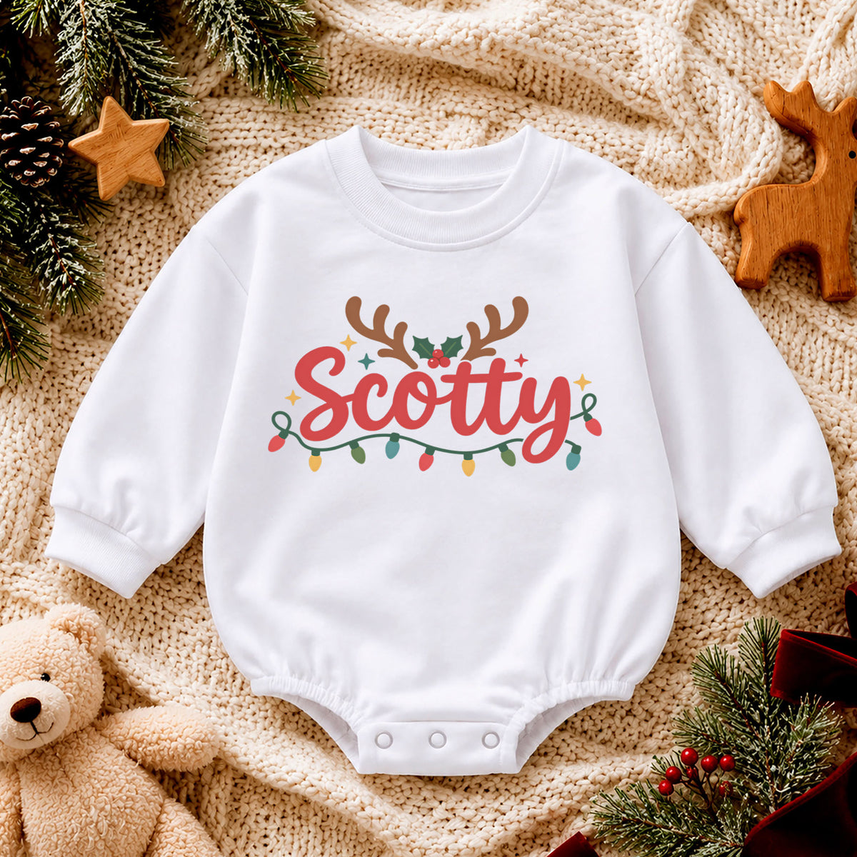 Personalized Name Christmas Romper, Reindeer Antler Holiday Outfit, Custom 1st Christmas Keepsake, My First Birthday Baby Gift — product view 4