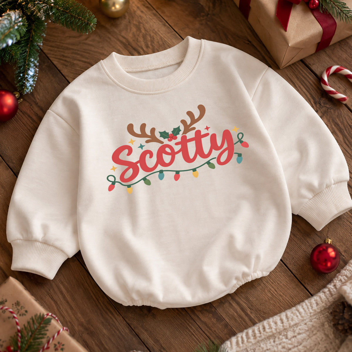 Personalized Name Christmas Romper, Reindeer Antler Holiday Outfit, Custom 1st Christmas Keepsake, My First Birthday Baby Gift — product view 5