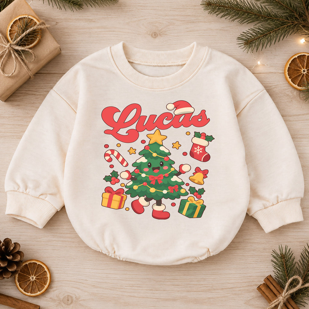 Custom Christmas Tree Name Baby Romper, Personalized Holiday Outfit, 1st Christmas Keepsake, My First Birthday Gift for Baby — product view 1