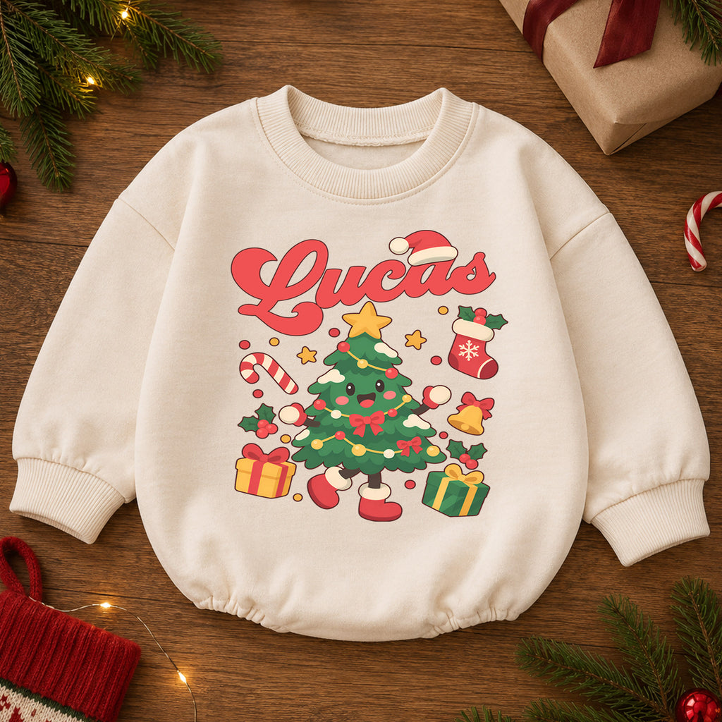 Custom Christmas Tree Name Baby Romper, Personalized Holiday Outfit, 1st Christmas Keepsake, My First Birthday Gift for Baby — product view 2