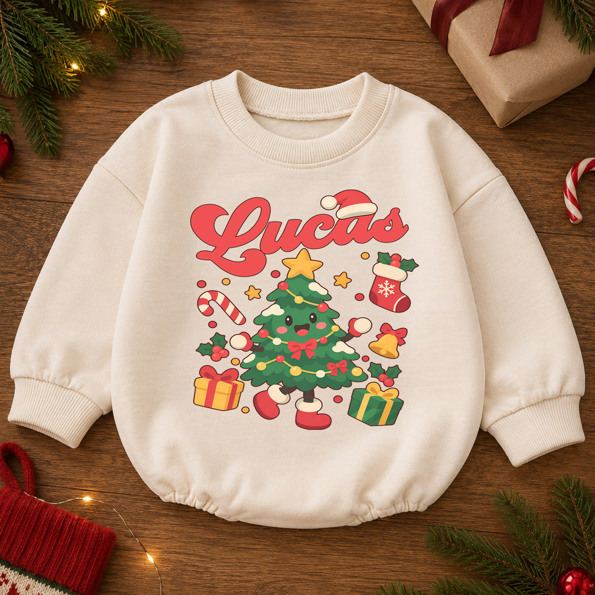 Custom Christmas Tree Name Baby Romper, Personalized Holiday Outfit, 1st Christmas Keepsake, My First Birthday Gift for Baby — product view 2