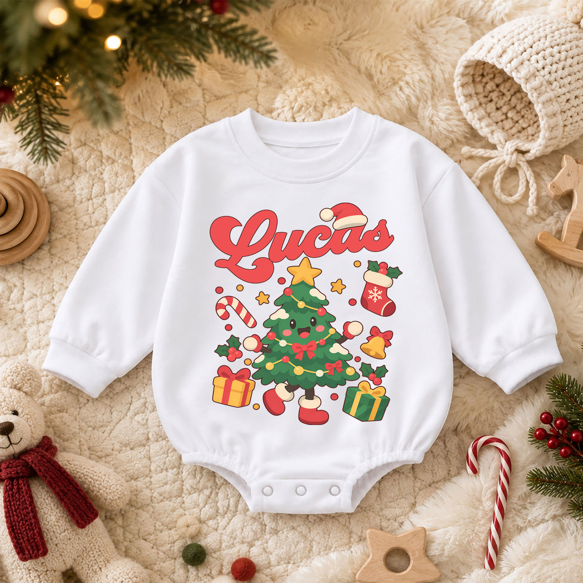 Custom Christmas Tree Name Baby Romper, Personalized Holiday Outfit, 1st Christmas Keepsake, My First Birthday Gift for Baby — product view 3