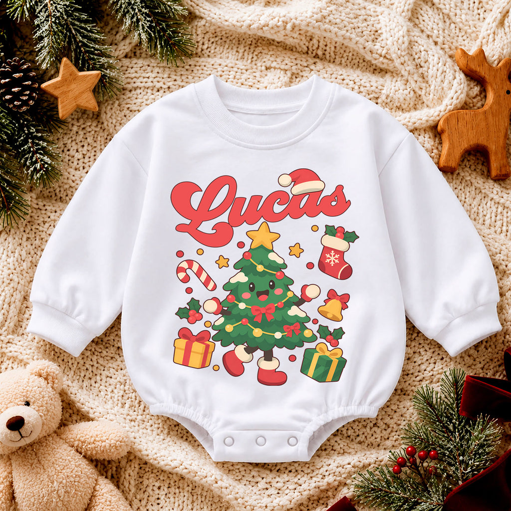 Custom Christmas Tree Name Baby Romper, Personalized Holiday Outfit, 1st Christmas Keepsake, My First Birthday Gift for Baby — product view 4