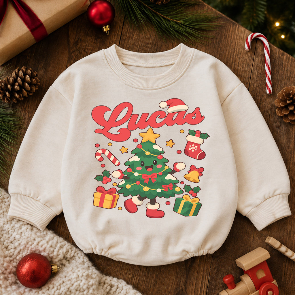 Custom Christmas Tree Name Baby Romper, Personalized Holiday Outfit, 1st Christmas Keepsake, My First Birthday Gift for Baby — product view 6