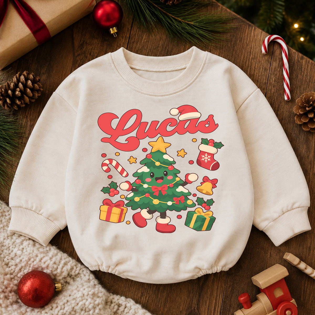 Custom Christmas Tree Name Baby Romper, Personalized Holiday Outfit, 1st Christmas Keepsake, My First Birthday Gift for Baby — product view 6