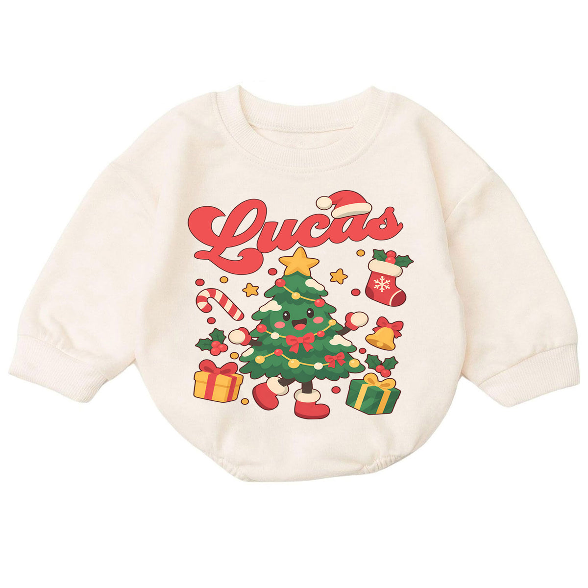 Custom Christmas Tree Name Baby Romper, Personalized Holiday Outfit, 1st Christmas Keepsake, My First Birthday Gift for Baby — product view 7
