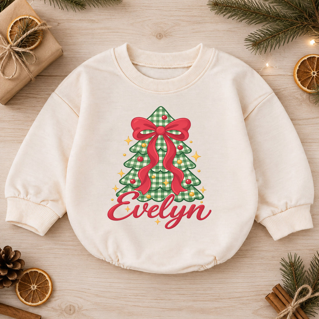 Personalized Bow Christmas Tree Romper, Custom Name Holiday Outfit for Girls, 1st Christmas Gift, My First Birthday Keepsake — product view 1