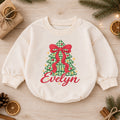 Personalized Bow Christmas Tree Romper, Custom Name Holiday Outfit for Girls, 1st Christmas Gift, My First Birthday Keepsake — product view 1