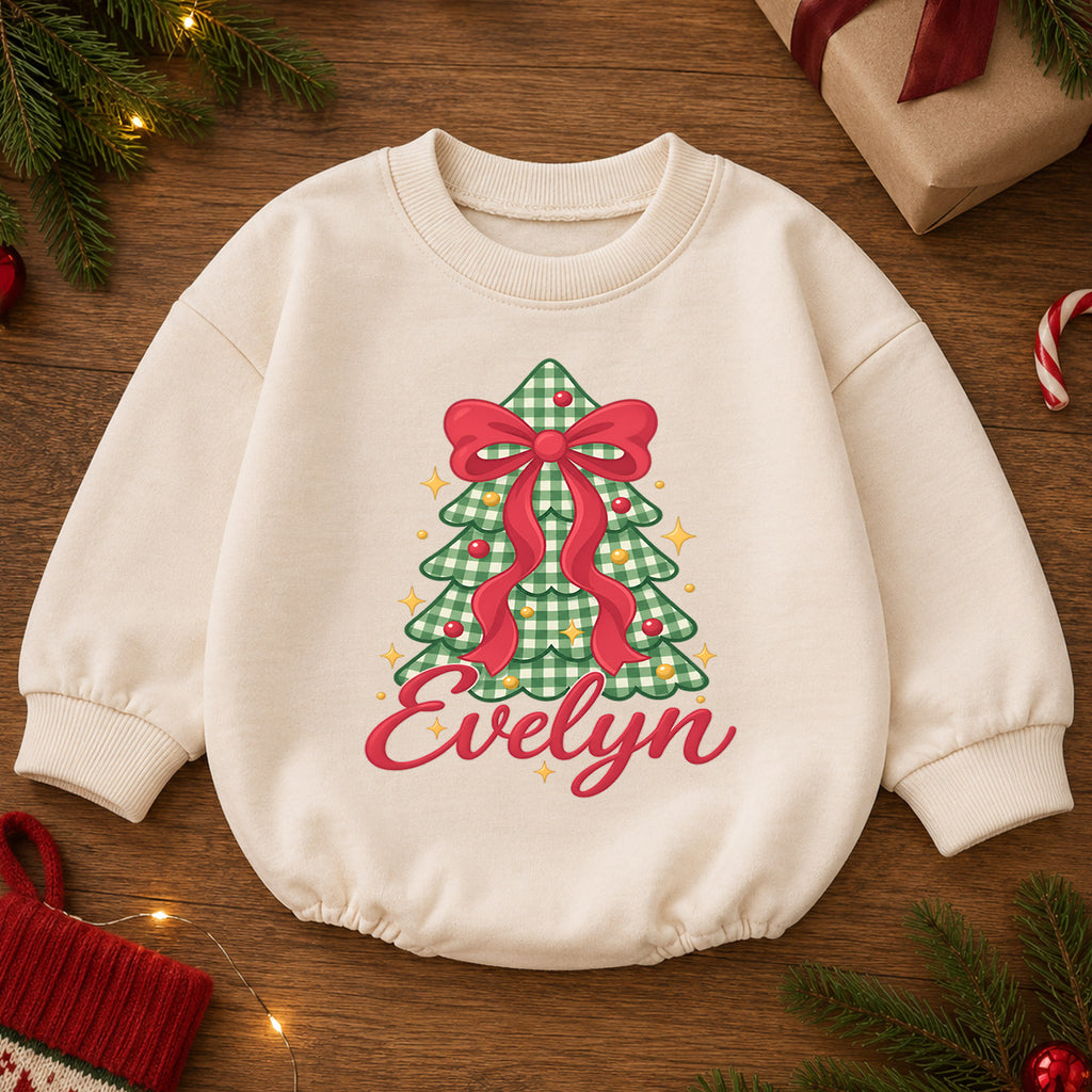 Personalized Bow Christmas Tree Romper, Custom Name Holiday Outfit for Girls, 1st Christmas Gift, My First Birthday Keepsake — product view 2