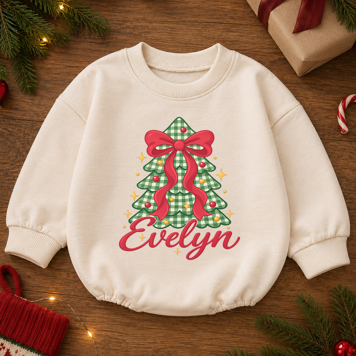 Personalized Bow Christmas Tree Romper, Custom Name Holiday Outfit for Girls, 1st Christmas Gift, My First Birthday Keepsake — product view 2