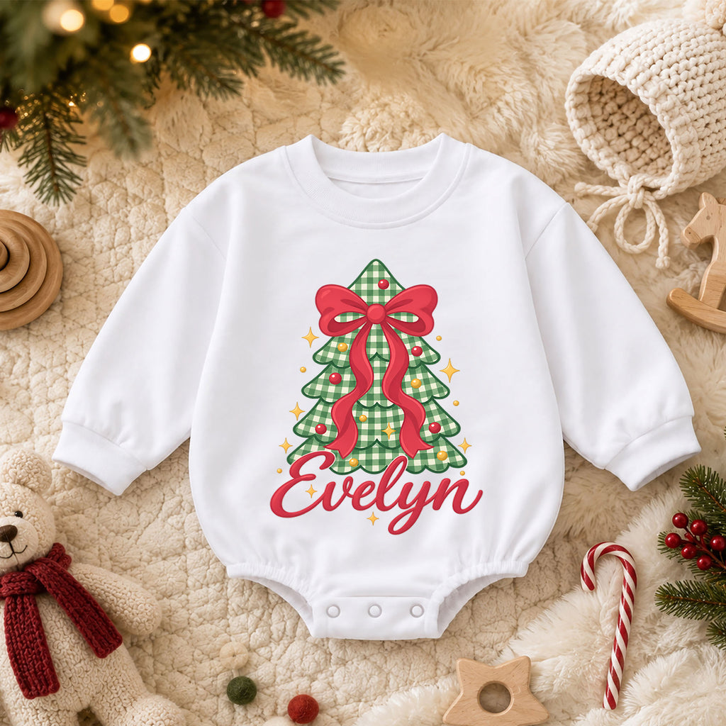 Personalized Bow Christmas Tree Romper, Custom Name Holiday Outfit for Girls, 1st Christmas Gift, My First Birthday Keepsake — product view 3