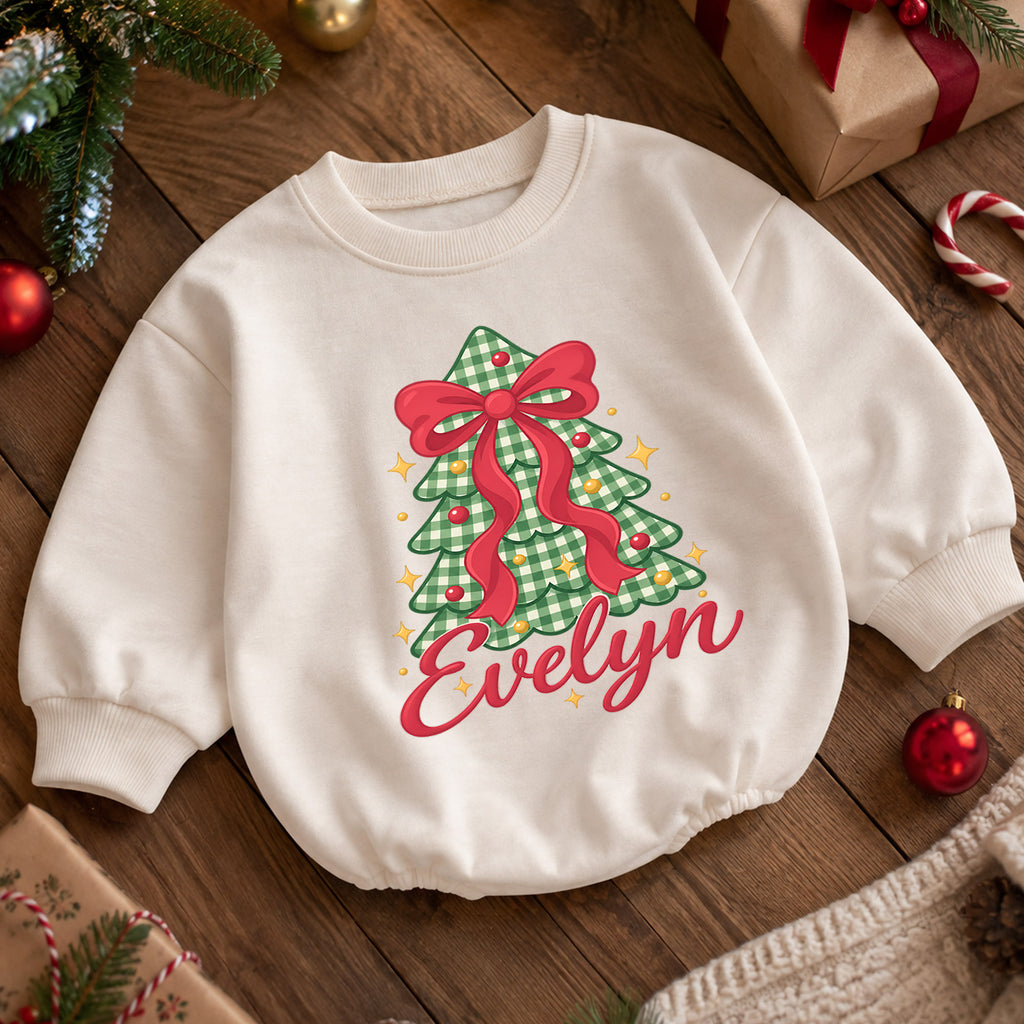 Personalized Bow Christmas Tree Romper, Custom Name Holiday Outfit for Girls, 1st Christmas Gift, My First Birthday Keepsake — product view 5