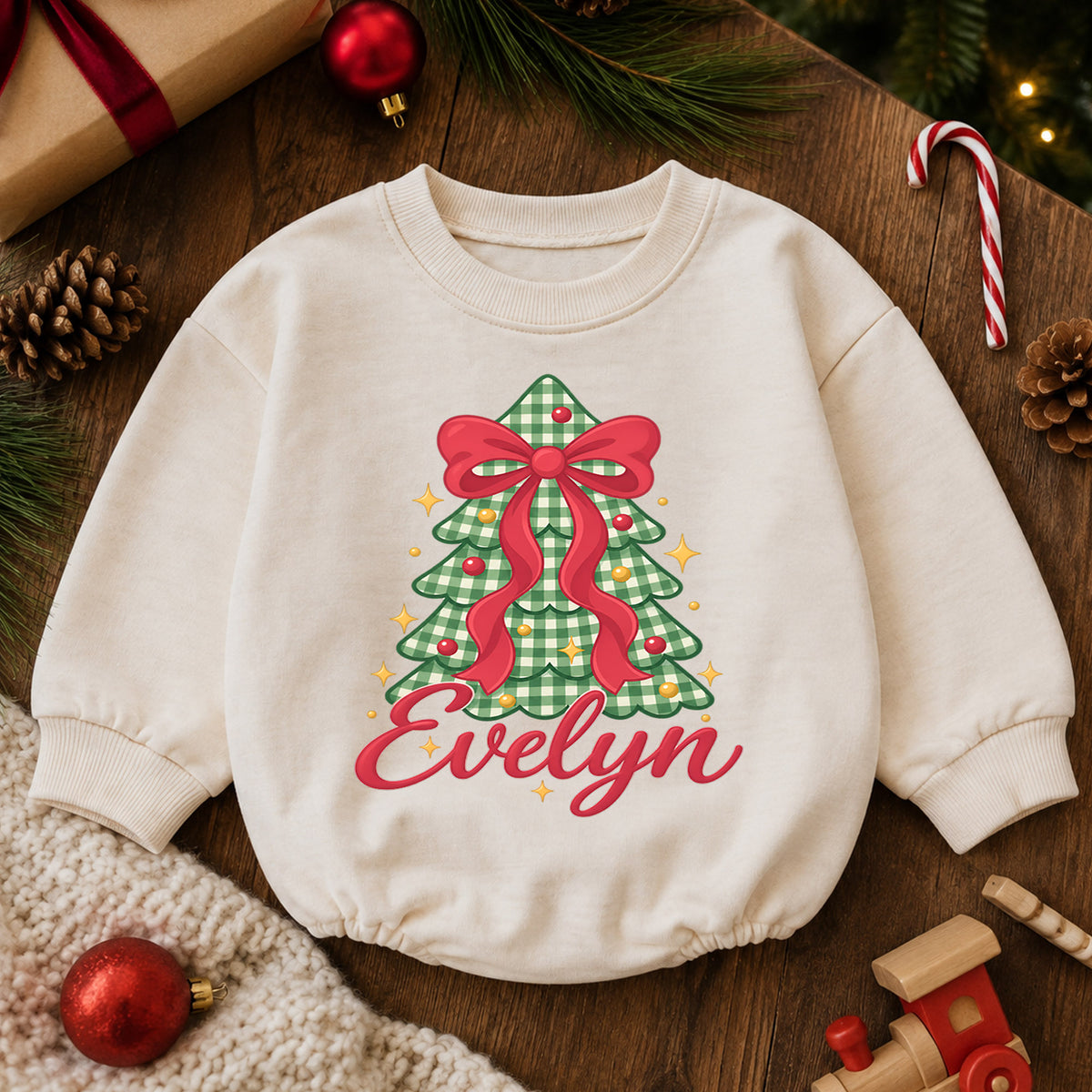 Personalized Bow Christmas Tree Romper, Custom Name Holiday Outfit for Girls, 1st Christmas Gift, My First Birthday Keepsake — product view 6