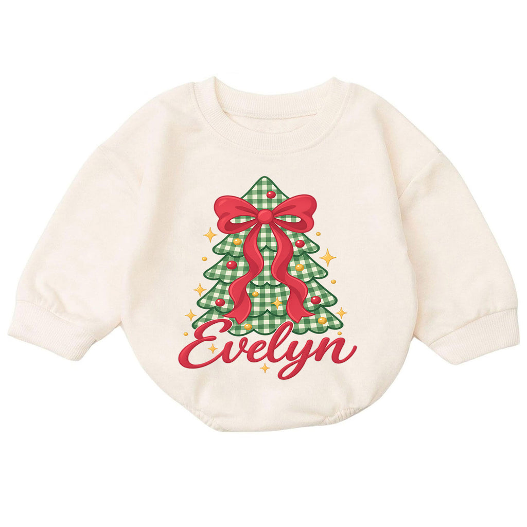 Personalized Bow Christmas Tree Romper, Custom Name Holiday Outfit for Girls, 1st Christmas Gift, My First Birthday Keepsake — product view 7