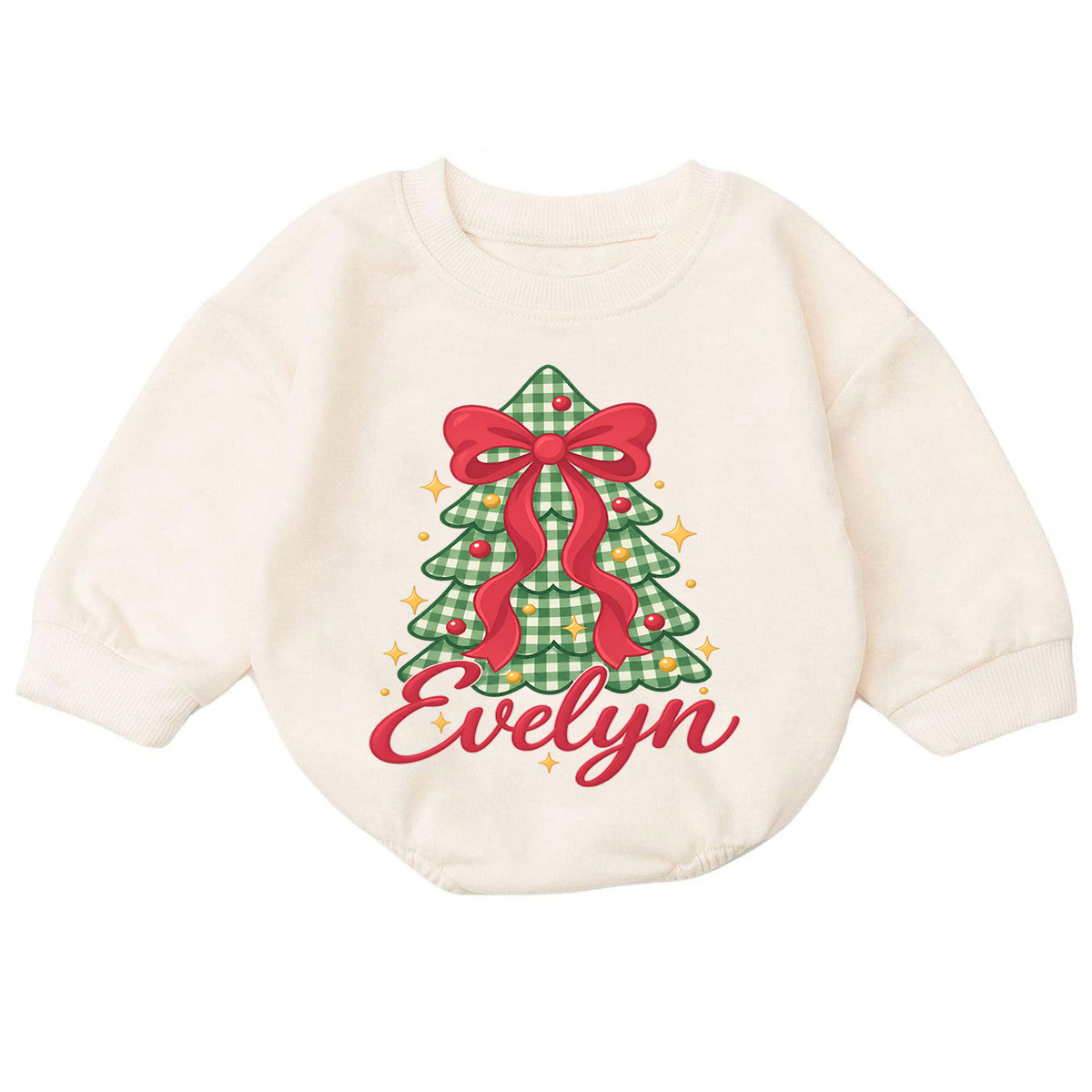 Personalized Bow Christmas Tree Romper, Custom Name Holiday Outfit for Girls, 1st Christmas Gift, My First Birthday Keepsake — product view 7