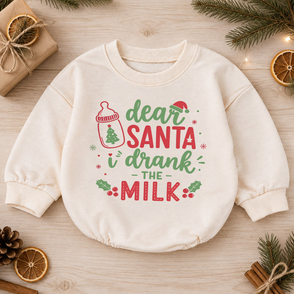 Dear Santa I Drank the Milk Romper, Funny Baby 1st Christmas Outfit, Milk Lover Holiday Romper, 1st Birthday Christmas Gift — product view 1