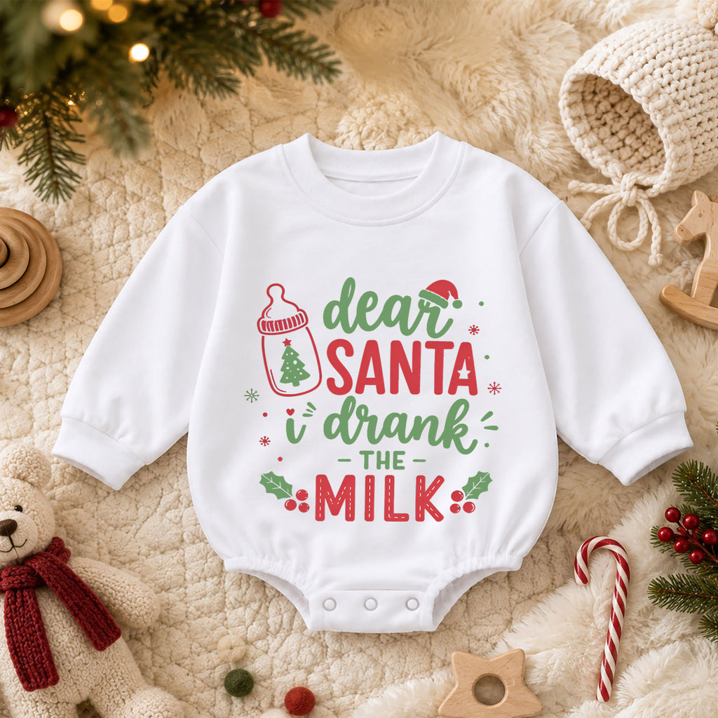 Dear Santa I Drank the Milk Romper, Funny Baby 1st Christmas Outfit, Milk Lover Holiday Romper, 1st Birthday Christmas Gift — product view 3