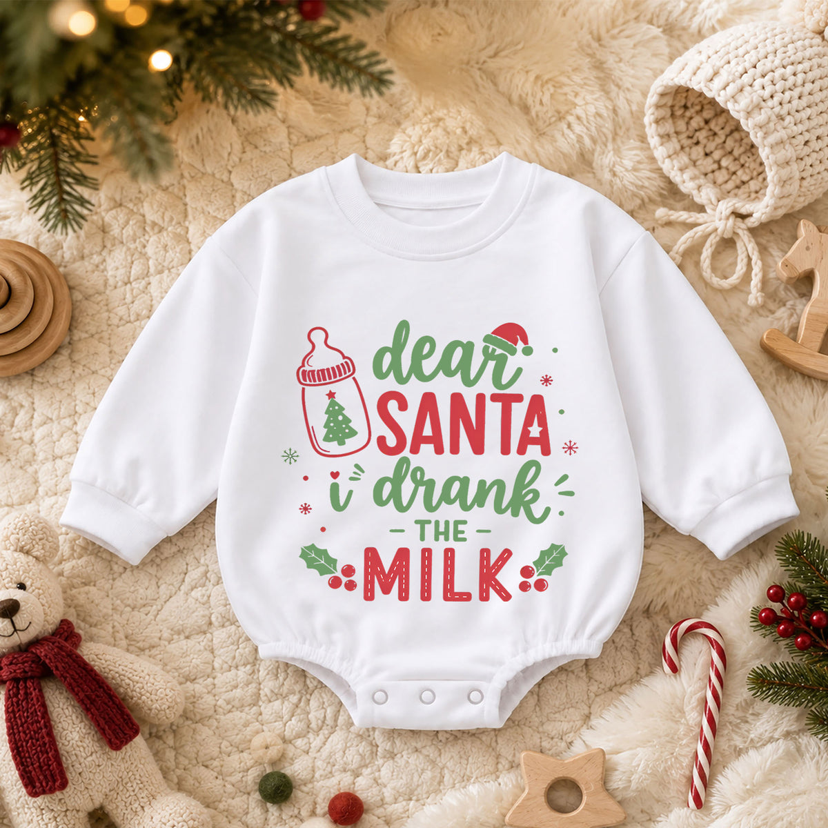 Dear Santa I Drank the Milk Romper, Funny Baby 1st Christmas Outfit, Milk Lover Holiday Romper, 1st Birthday Christmas Gift — product view 3