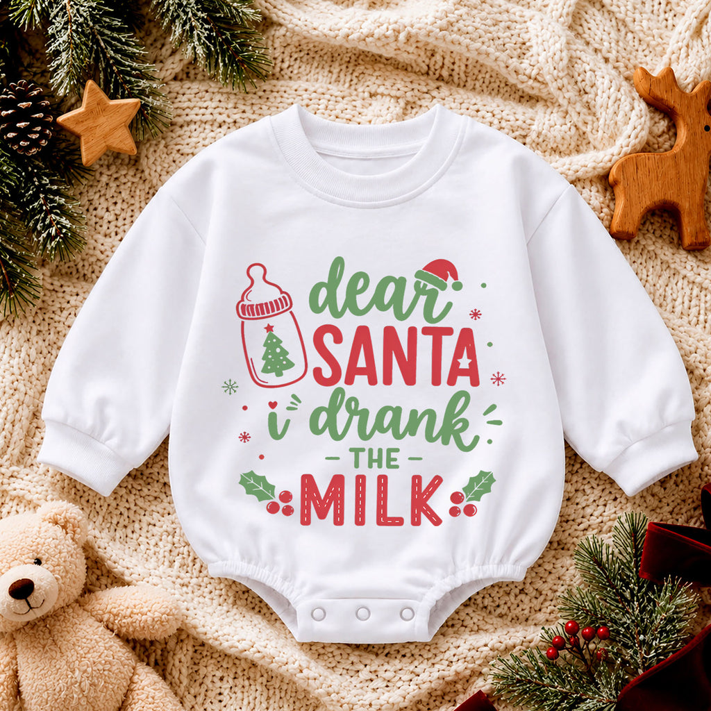 Dear Santa I Drank the Milk Romper, Funny Baby 1st Christmas Outfit, Milk Lover Holiday Romper, 1st Birthday Christmas Gift — product view 4