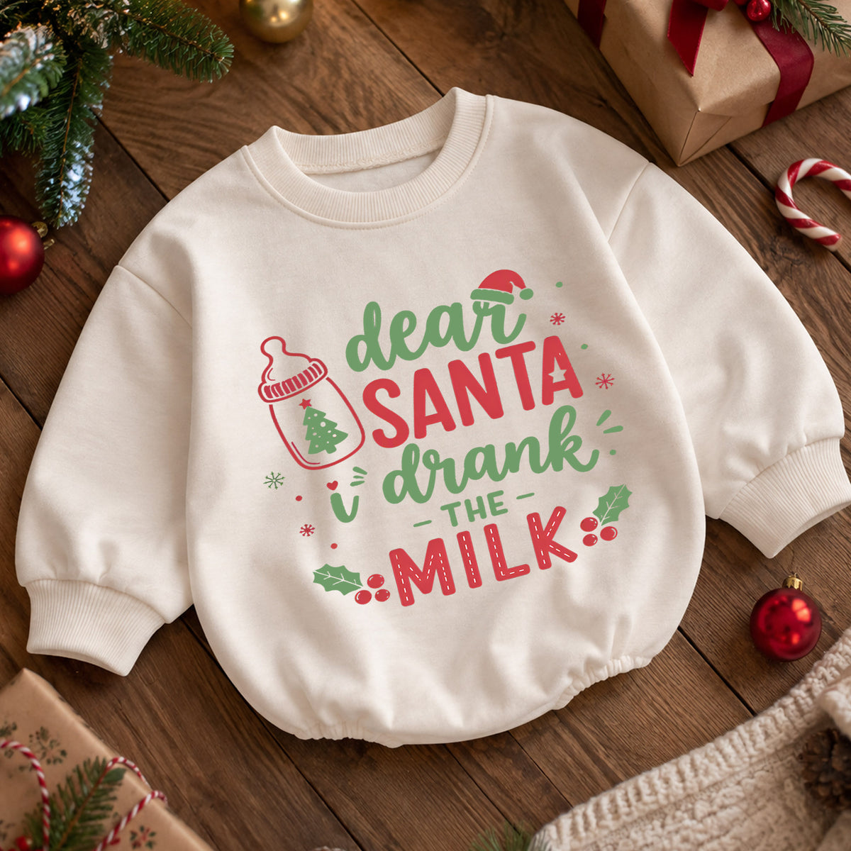 Dear Santa I Drank the Milk Romper, Funny Baby 1st Christmas Outfit, Milk Lover Holiday Romper, 1st Birthday Christmas Gift — product view 5