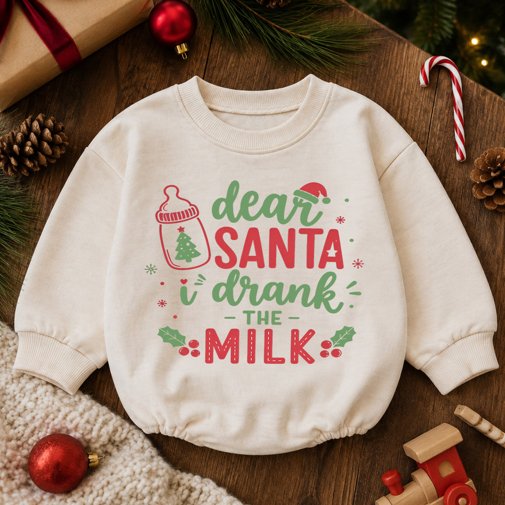 Dear Santa I Drank the Milk Romper, Funny Baby 1st Christmas Outfit, Milk Lover Holiday Romper, 1st Birthday Christmas Gift — product view 6