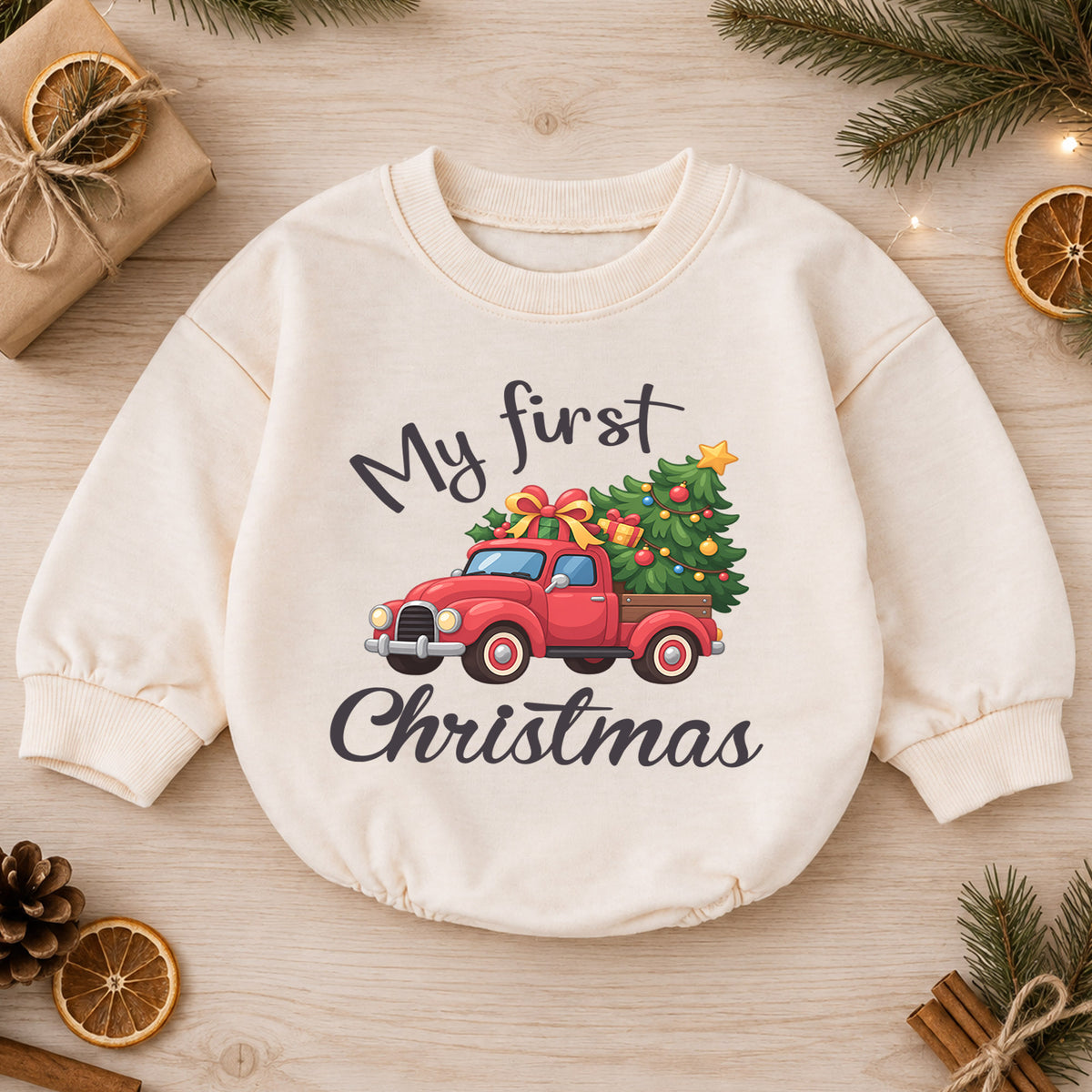 My First Christmas Truck Romper, Red Pickup Christmas Tree Outfit, Baby 1st Christmas Keepsake, 1st Birthday Holiday Gift — product view 1